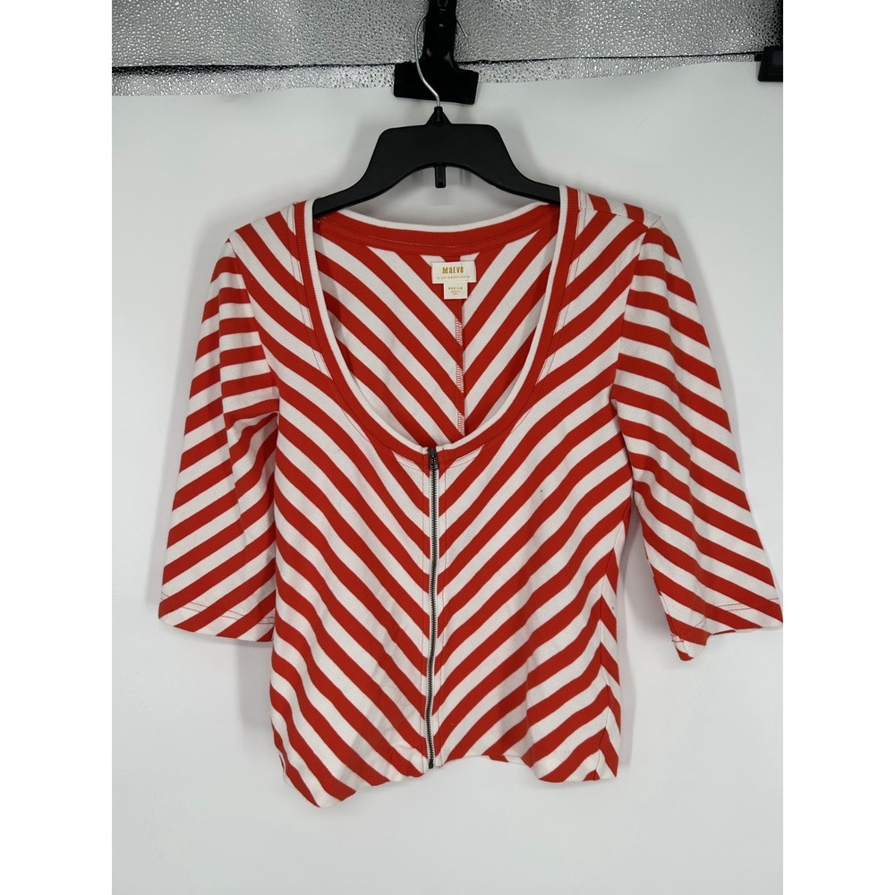 Maeve By Anthropologie Top Womens Medium Front Zip Striped 3/4 Sleeve Scoop Neck
